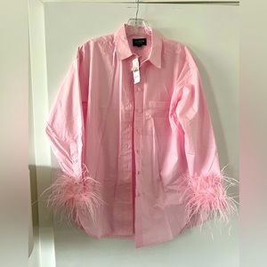 Jcrew pink cotton button up w/feather sleeve detail